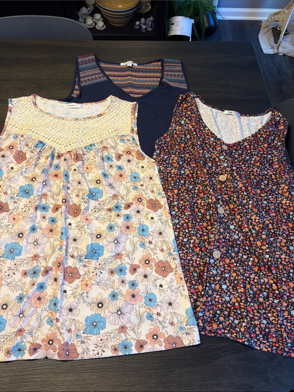 Three Floral & Navy Sleeveless Tops - Mixed Prints